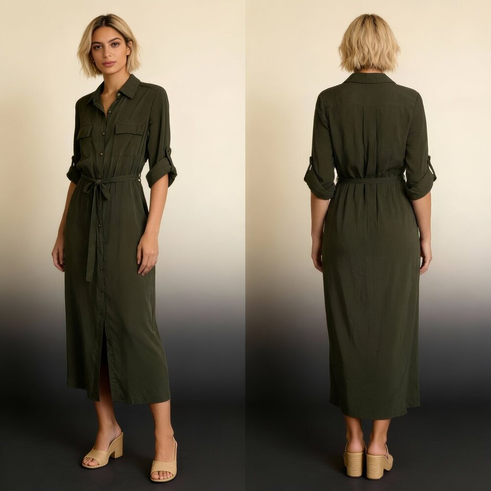 Olive Green Button-Front Shirt Midi Dress I SMALL SIZE I  with Tie Waist